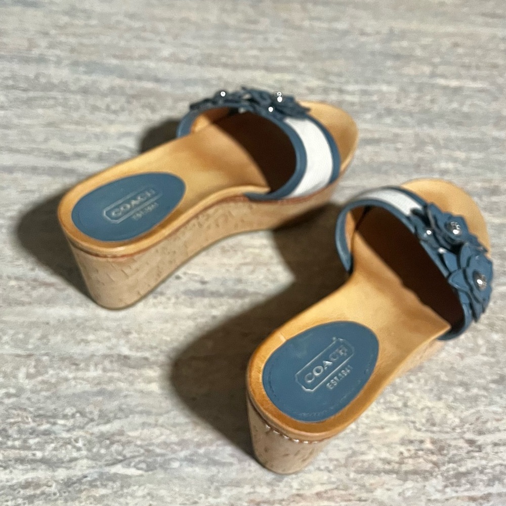 Coach JESACA Blue and Beige Wedge Sandals with Fliral Accents - Picture 6 of 16